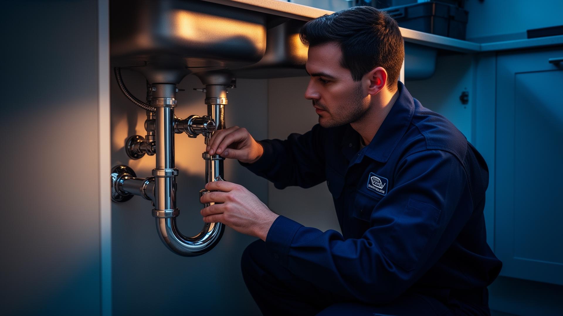 Licensed emergency plumber in Tarpon Springs FL repairing a leaking pipe under a kitchen sink